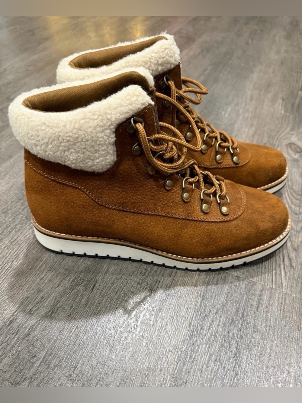 White Mountain Brown Suede Ankle Boots with Cream Shearling Collar